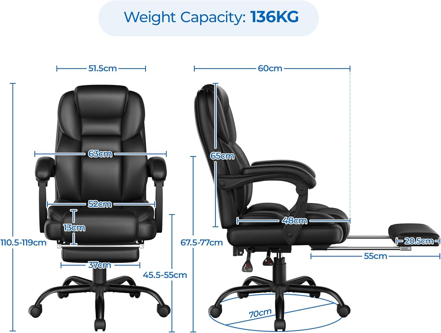 Yaheetech Ergonomischer Chefsessel – mit ausziehbarer Fußstütze – hohe Rückenlehne – schwarz