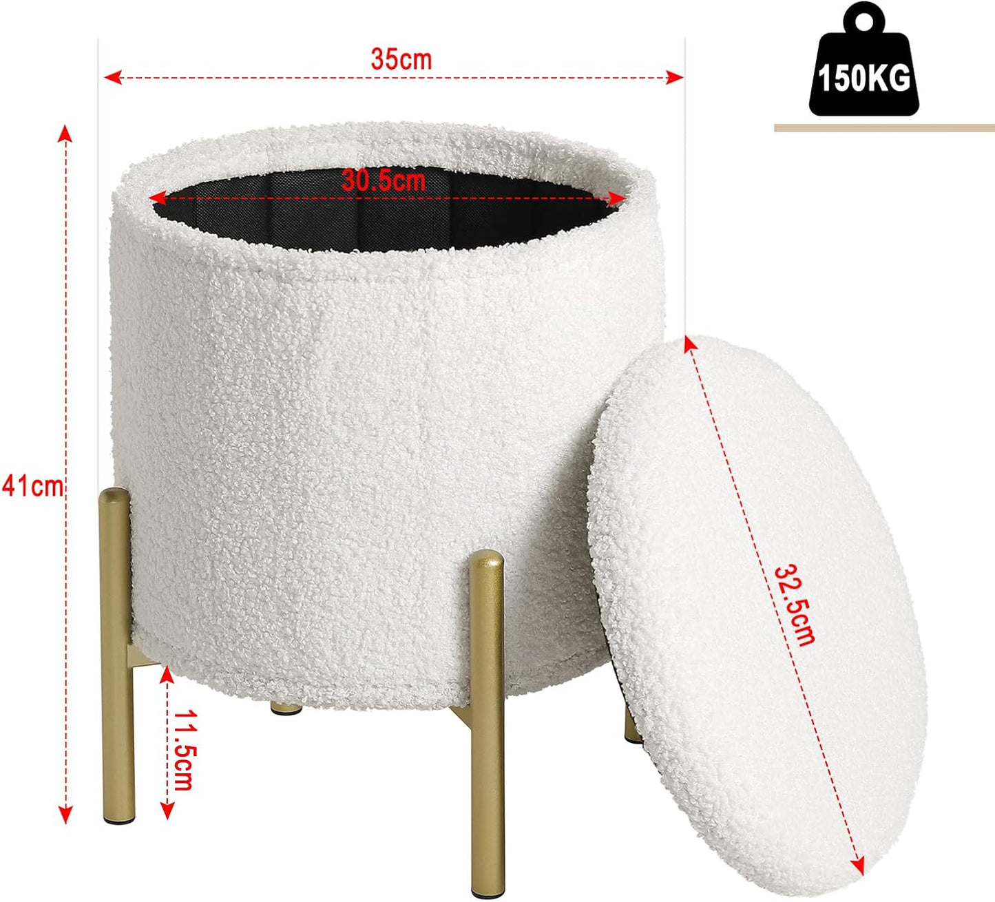 eSituro Aufbewahrungshocker, rund – Teddyfleece, weiß – 35 x 41 cm