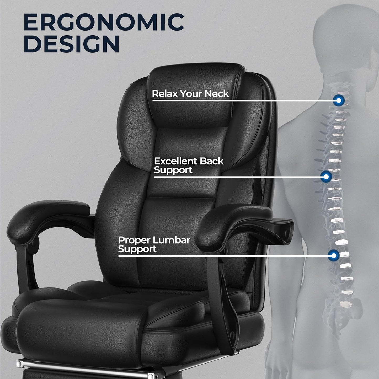 Yaheetech Ergonomischer Chefsessel – mit ausziehbarer Fußstütze – hohe Rückenlehne – schwarz