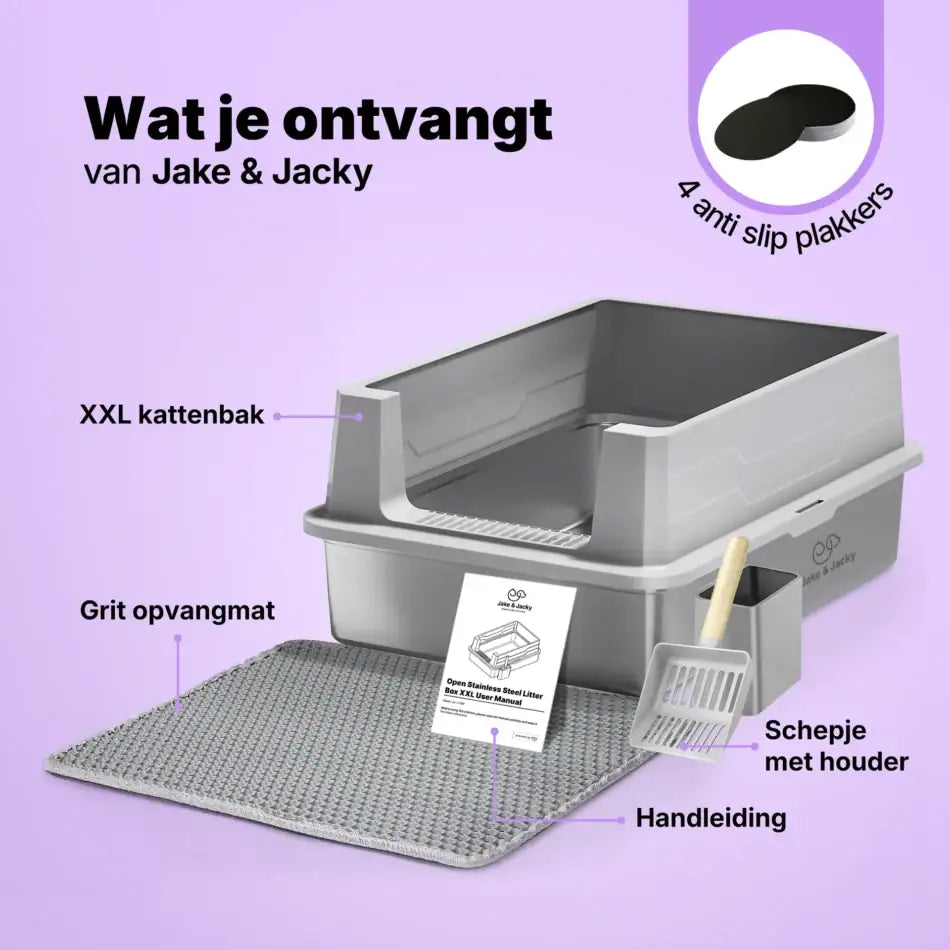 Jake & Jacky Edelstahl-Katzenklo, offen, XXL – für große Katzen – inkl. Katzenschaufel mit Halter und Streuauffangmatte