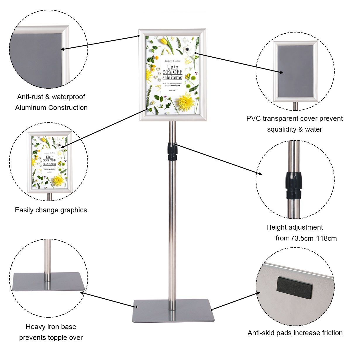 Küsteninformationsständer A4 - verstellbar 73,5-118 cm - silber - 2er Set mit Posterrahmen