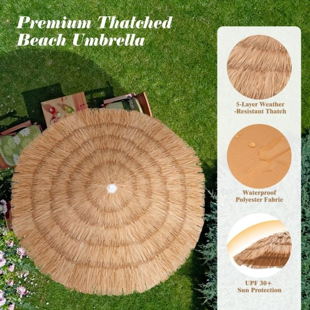 COSTWAY Hawaii Sonnenschirm, Sonnenschirmfuß nicht inbegriffen, kippbarer Strandschirm, Gartenschirm, höhenverstellbar, UV-Schutz, pp Strohsonnenschirm, Marktschirm, natur, 155 cm