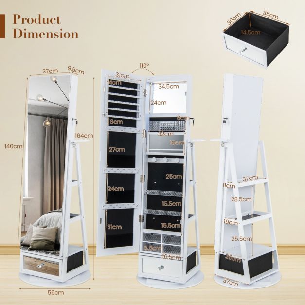 Coast Jewellery Cabinet - 360° drehbar - 4-in-1 - LED - 56 cm x 164 cm - Weiß