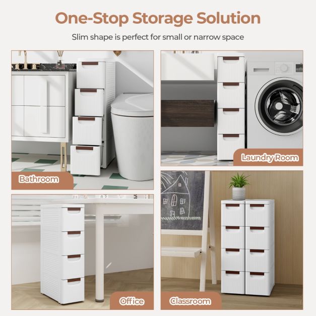 Schmaler Aufbewahrungsschrank für kleinen Raum Rolling Organizer Cabinet mit 4 Schubladen und eingebauten Rädern Plastic Trolley für Badezimmer