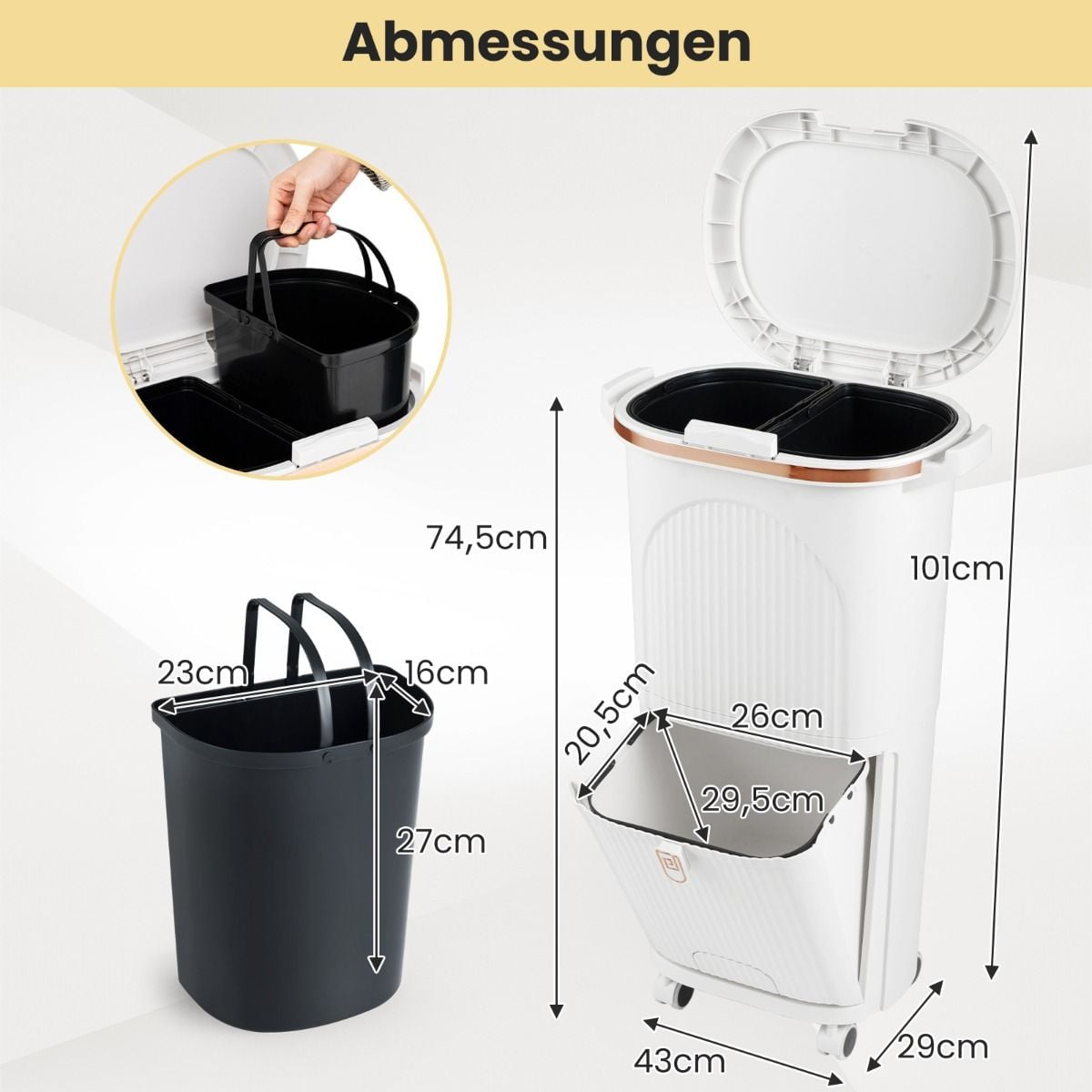 Coast Abfalleimer 38L Weiß - 43 x 29 x 74,5 cm - Mit 2 herausnehmbaren Behältern, kippbarem Tablett und Rädern