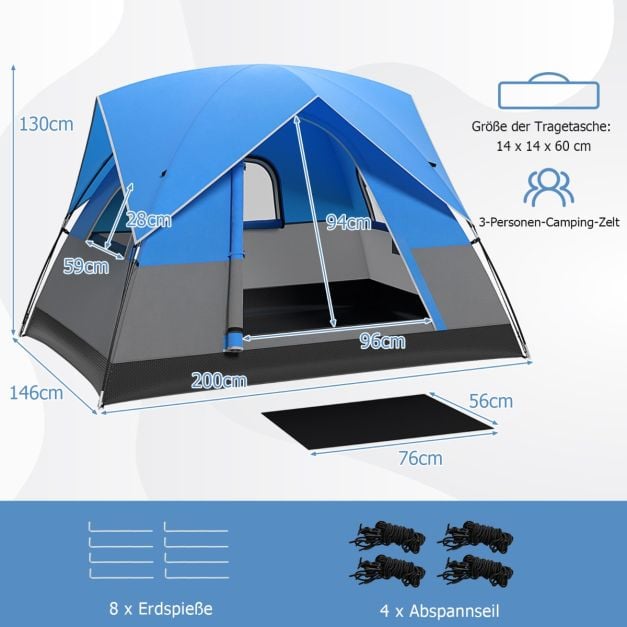 Coast 3-Personen Campingzelt - Wasserdicht mit Regenschutz und Tragetasche 200 x 146 x 130 cm - Blau/Schwarz