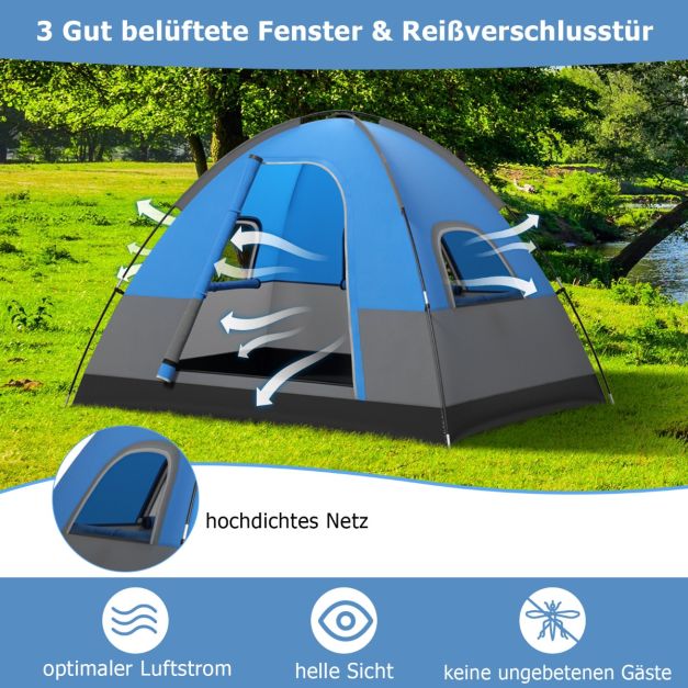 Coast 3-Personen Campingzelt - Wasserdicht mit Regenschutz und Tragetasche 200 x 146 x 130 cm - Blau/Schwarz