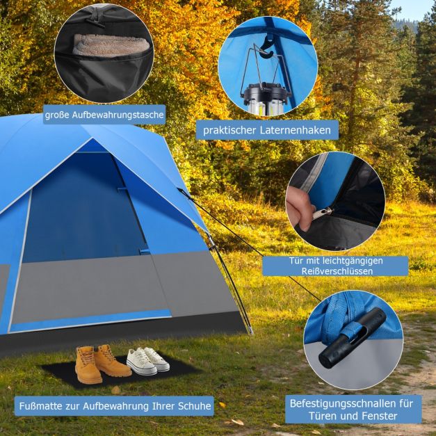 Coast 3-Personen Campingzelt - Wasserdicht mit Regenschutz und Tragetasche 200 x 146 x 130 cm - Blau/Schwarz