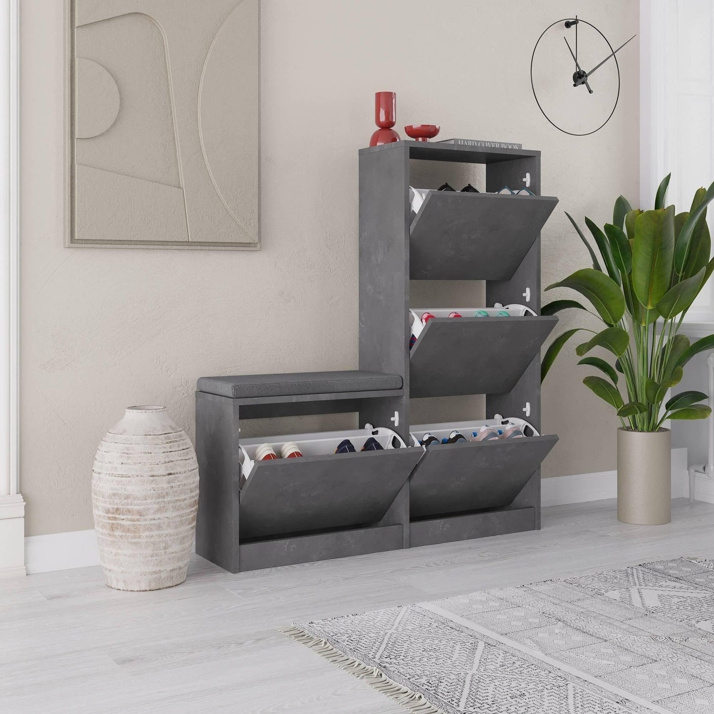 Kalune Design Schuhschrank Dude Grau 105x26x118,5 cm - Stilvoller und geräumiger Schuhschrank