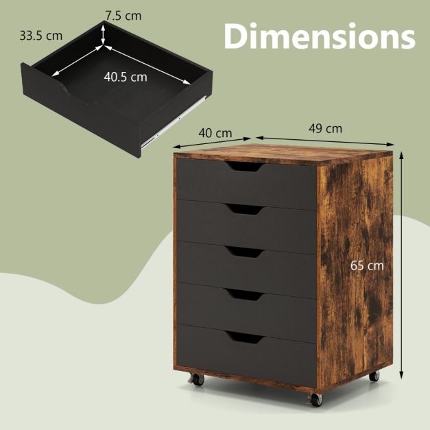 Coast Rollcontainer Rustic Brown/Black - Mobiler Archivschrank mit 5 Schubladen - 49 x 40 x 65 cm
