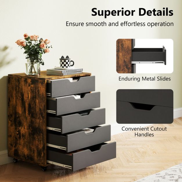 Coast Rollcontainer Rustic Brown/Black - Mobiler Archivschrank mit 5 Schubladen - 49 x 40 x 65 cm