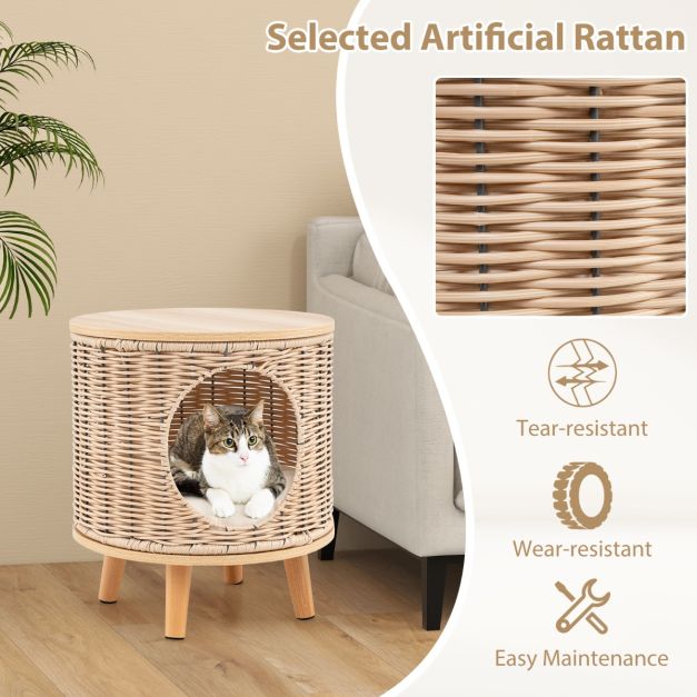Coast Cat House - Rattan - 36 x 41 cm - Abnehmbares Kissen - Holzbeine - Katzenbett - Katzenmöbel für drinnen - Natur
