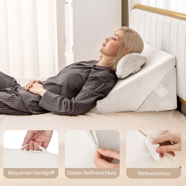 Coast Wedge Cushion Off White - 3-teilige verstellbare Rückenlehne mit Kopfstütze und Memory Foam - 57 x 30 x 53 cm