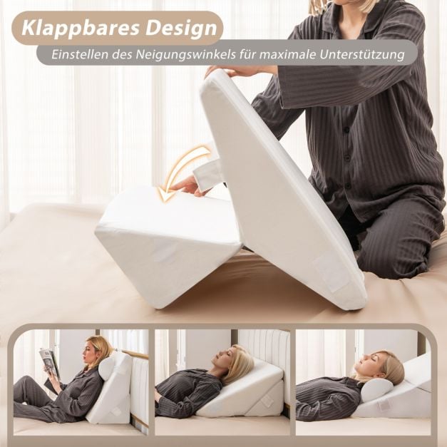 Coast Wedge Cushion Off White - 3-teilige verstellbare Rückenlehne mit Kopfstütze und Memory Foam - 57 x 30 x 53 cm