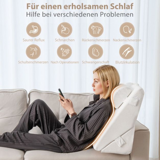 Coast Wedge Cushion Off White - 3-teilige verstellbare Rückenlehne mit Kopfstütze und Memory Foam - 57 x 30 x 53 cm