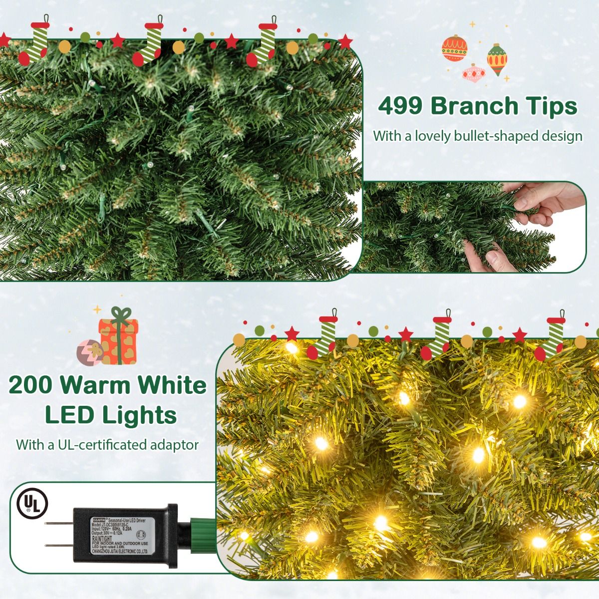 Künstlicher Weihnachtsbaum Coast mit 499 Zweigen - 200 warmweiße LED-Lichter - 210 cm hoch - grün