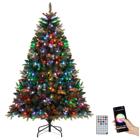 Coast 180 cm Künstlicher Weihnachtsbaum Grün - Vorbeleuchtet mit 370 RGB-Lichtern - APP-gesteuert - Mit Zapfen und roten Beeren