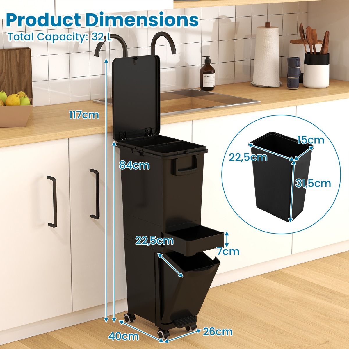 Coast Multifunktionsabfalleimer mit Pedal - 3 Fächer - 36 x 25 x 84 cm - schwarz