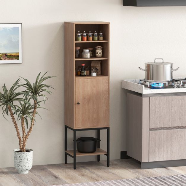Schmaler Wohnzimmerschrank - 146 cm hoch - Freistehender Aufbewahrungsschrank mit verstellbaren Einlegeböden und Unterschrank - Kompakt und stilvoll für Bad, Wohnzimmer oder Flur