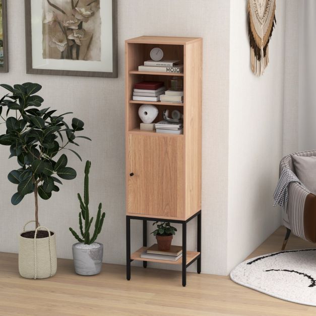 Schmaler Wohnzimmerschrank - 146 cm hoch - Freistehender Aufbewahrungsschrank mit verstellbaren Einlegeböden und Unterschrank - Kompakt und stilvoll für Bad, Wohnzimmer oder Flur