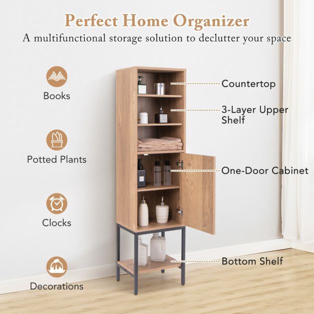 Schmaler Wohnzimmerschrank - 146 cm hoch - Freistehender Aufbewahrungsschrank mit verstellbaren Einlegeböden und Unterschrank - Kompakt und stilvoll für Bad, Wohnzimmer oder Flur