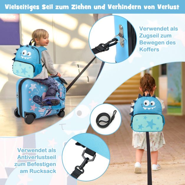 Coast Kinder Dinosaurier Kofferset - 2-teiliges Reiseset mit 18-Zoll-Sitzkoffer und Rucksack - 47 x 23 x 38 cm