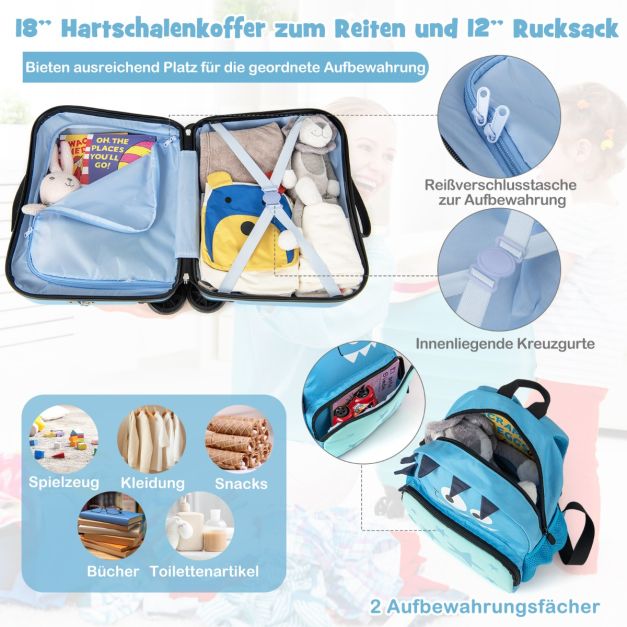 Coast Kinder Dinosaurier Kofferset - 2-teiliges Reiseset mit 18-Zoll-Sitzkoffer und Rucksack - 47 x 23 x 38 cm