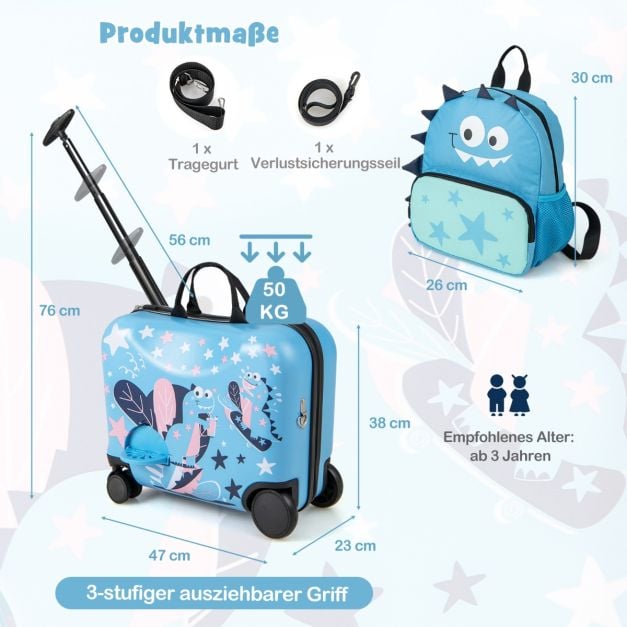 Coast Kinder Dinosaurier Kofferset - 2-teiliges Reiseset mit 18-Zoll-Sitzkoffer und Rucksack - 47 x 23 x 38 cm