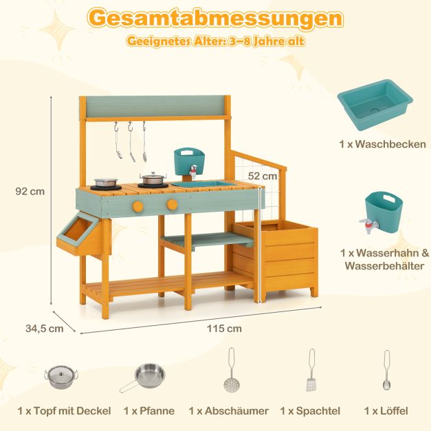 Coast Mud Kitchen Gelb/Hellgrün - Kinderküche aus Holz mit Wasserfunktion, Pflanzgefäß und Klettergerüst - 115 x 34,5 x 92 cm