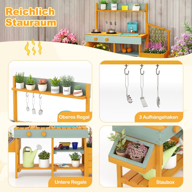 Coast Mud Kitchen Gelb/Hellgrün - Kinderküche aus Holz mit Wasserfunktion, Pflanzgefäß und Klettergerüst - 115 x 34,5 x 92 cm