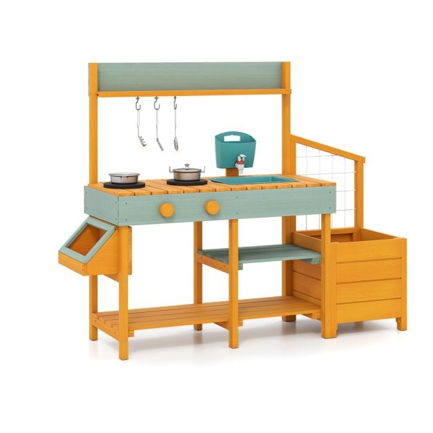 Coast Mud Kitchen Gelb/Hellgrün - Kinderküche aus Holz mit Wasserfunktion, Pflanzgefäß und Klettergerüst - 115 x 34,5 x 92 cm