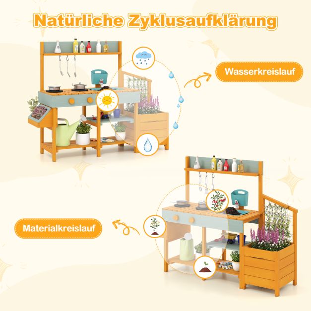 Coast Mud Kitchen Gelb/Hellgrün - Kinderküche aus Holz mit Wasserfunktion, Pflanzgefäß und Klettergerüst - 115 x 34,5 x 92 cm