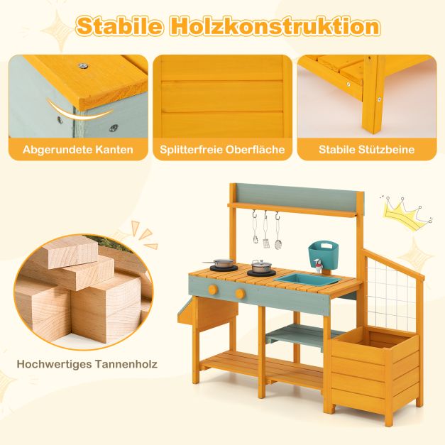 Coast Mud Kitchen Gelb/Hellgrün - Kinderküche aus Holz mit Wasserfunktion, Pflanzgefäß und Klettergerüst - 115 x 34,5 x 92 cm