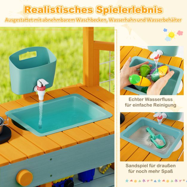 Coast Mud Kitchen Gelb/Hellgrün - Kinderküche aus Holz mit Wasserfunktion, Pflanzgefäß und Klettergerüst - 115 x 34,5 x 92 cm