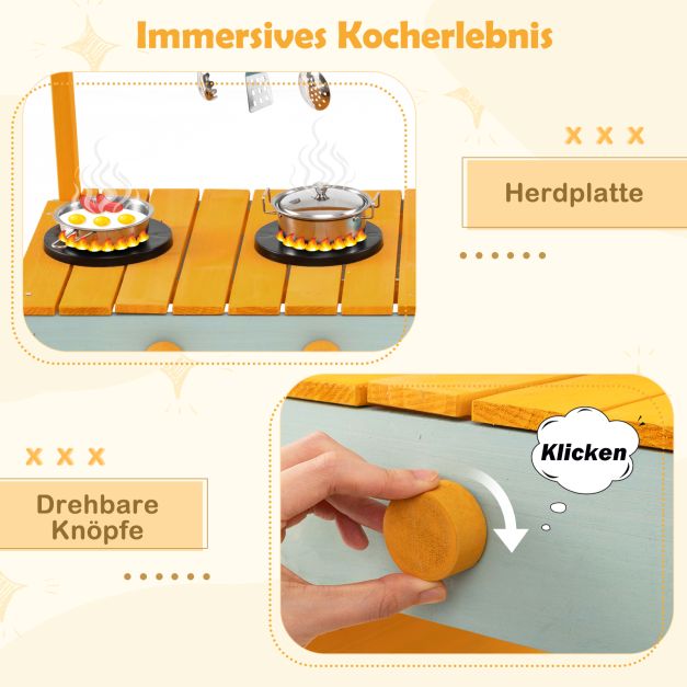Coast Mud Kitchen Gelb/Hellgrün - Kinderküche aus Holz mit Wasserfunktion, Pflanzgefäß und Klettergerüst - 115 x 34,5 x 92 cm