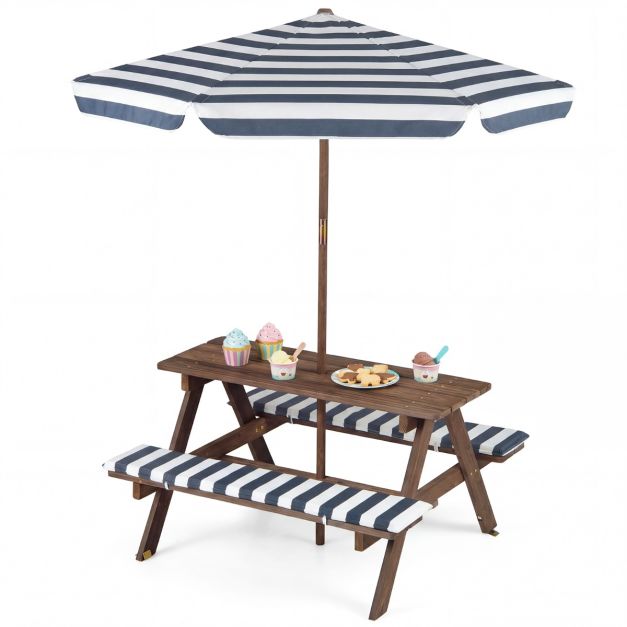 Coast Kindersitzgruppe - Picknicktisch - Sonnenschirm - Sitzkissen - 91 x 80 x 50 cm - Marineblau Weiß Natur