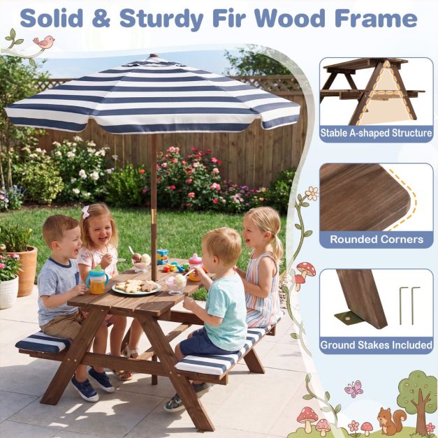 Coast Kindersitzgruppe - Picknicktisch - Sonnenschirm - Sitzkissen - 91 x 80 x 50 cm - Marineblau Weiß Natur