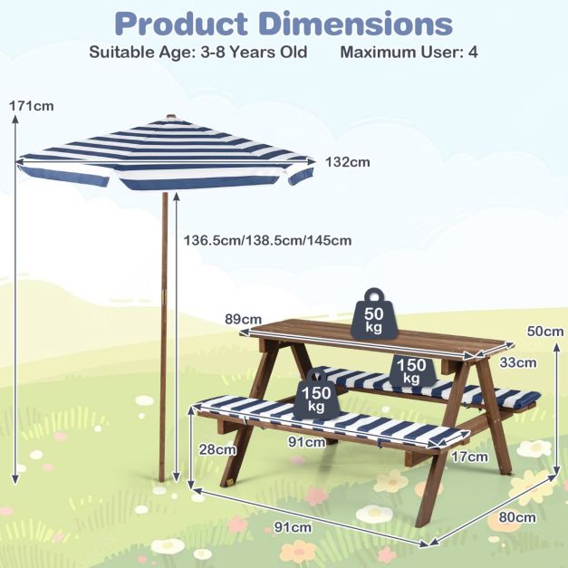 Coast Kindersitzgruppe - Picknicktisch - Sonnenschirm - Sitzkissen - 91 x 80 x 50 cm - Marineblau Weiß Natur