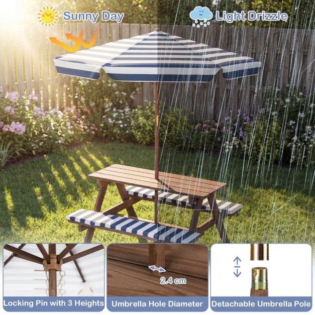 Coast Kindersitzgruppe - Picknicktisch - Sonnenschirm - Sitzkissen - 91 x 80 x 50 cm - Marineblau Weiß Natur