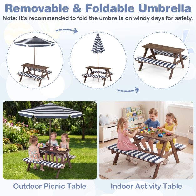 Coast Kindersitzgruppe - Picknicktisch - Sonnenschirm - Sitzkissen - 91 x 80 x 50 cm - Marineblau Weiß Natur
