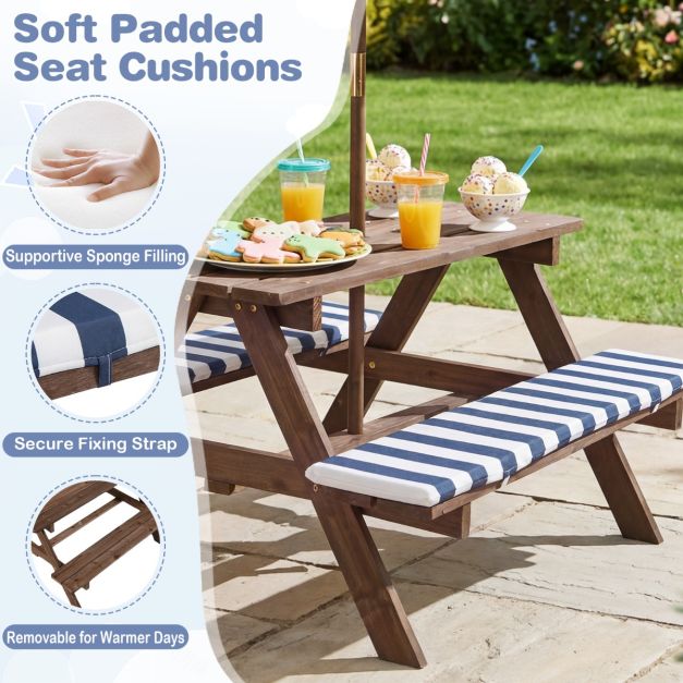 Coast Kindersitzgruppe - Picknicktisch - Sonnenschirm - Sitzkissen - 91 x 80 x 50 cm - Marineblau Weiß Natur