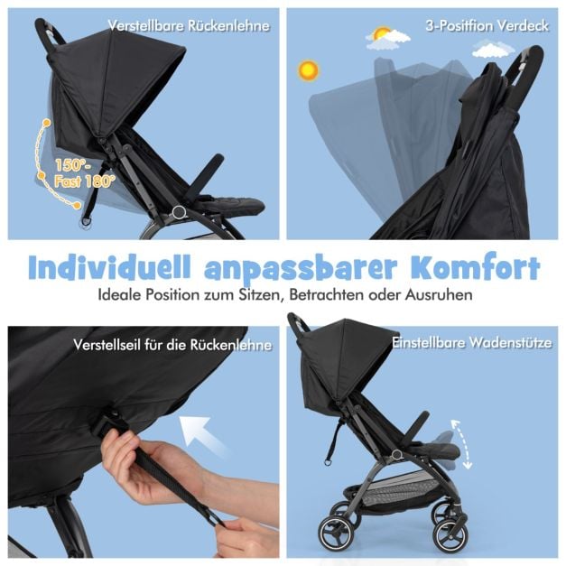 Coast Reisebuggy – Leichter Kinderwagen mit verstellbarer Rückenlehne und Sonnendach – Schwarz/Grau
