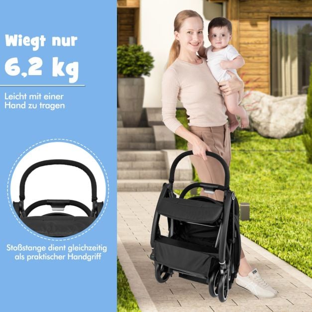 Coast Reisebuggy – Leichter Kinderwagen mit verstellbarer Rückenlehne und Sonnendach – Schwarz/Grau