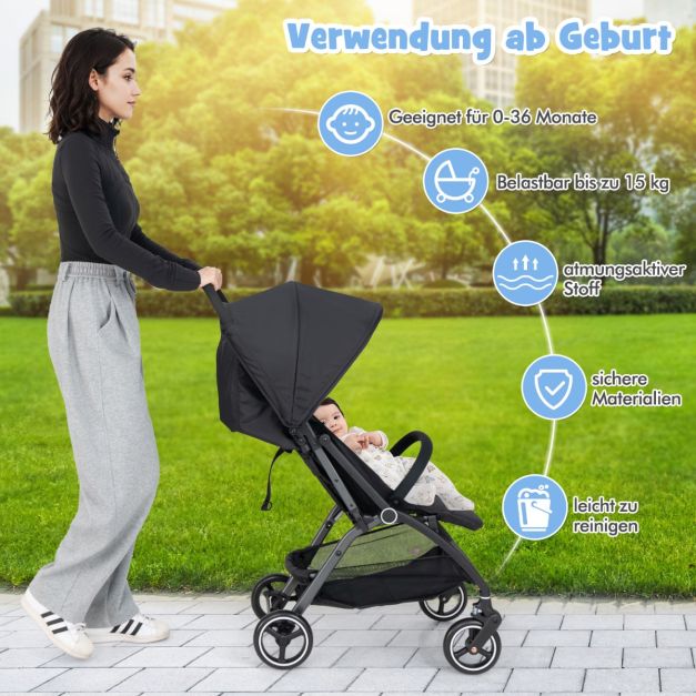 Coast Reisebuggy – Leichter Kinderwagen mit verstellbarer Rückenlehne und Sonnendach – Schwarz/Grau
