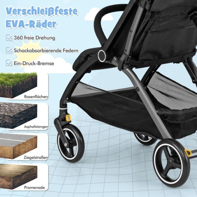 Coast Reisebuggy – Leichter Kinderwagen mit verstellbarer Rückenlehne und Sonnendach – Schwarz/Grau