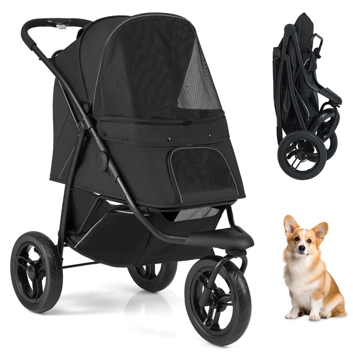 Coast Hundewagen Schwarz - 110 x 57 x 105 cm - faltbar - für kleine und mittelgroße Hunde
