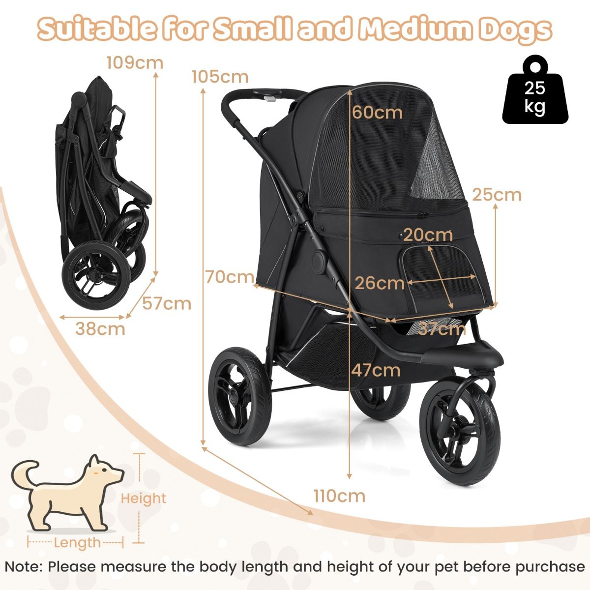 Coast Hundewagen Schwarz - 110 x 57 x 105 cm - faltbar - für kleine und mittelgroße Hunde