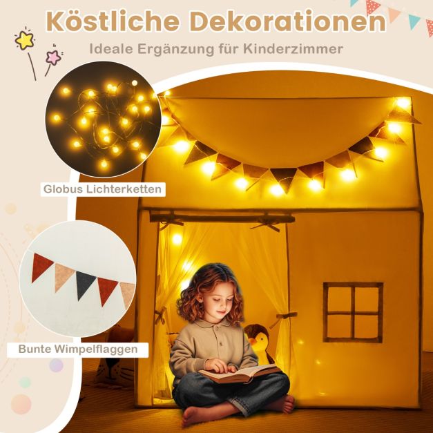 Coast Spielzelt Beige - Kinderspielhaus mit Anti-Rutsch-Matte, Lichtergirlande und Fahnen - 123 x 107 x 137 cm