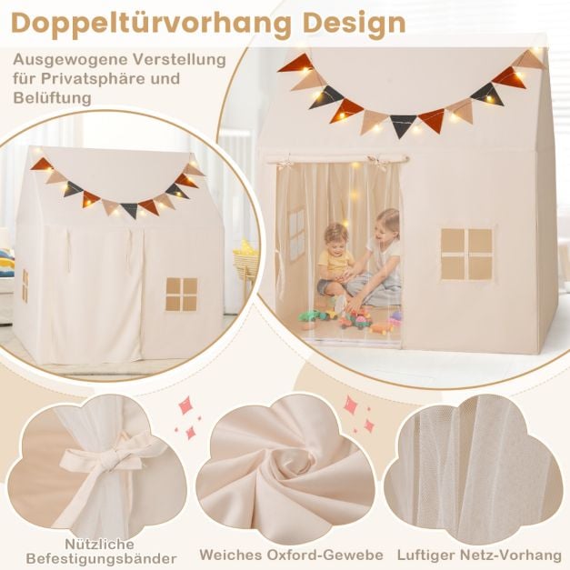 Coast Spielzelt Beige - Kinderspielhaus mit Anti-Rutsch-Matte, Lichtergirlande und Fahnen - 123 x 107 x 137 cm