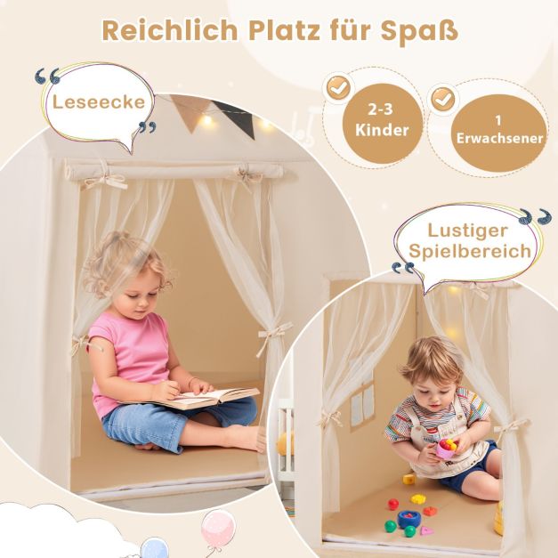 Coast Spielzelt Beige - Kinderspielhaus mit Anti-Rutsch-Matte, Lichtergirlande und Fahnen - 123 x 107 x 137 cm